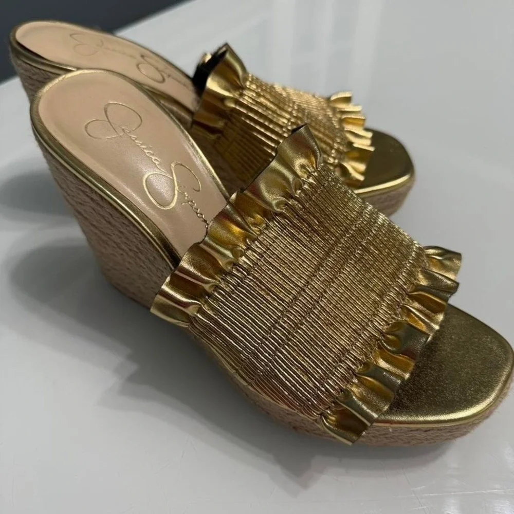Jessica Simpson Gold Platform Espadrille Slides Ruffle Sandals Size 8.5